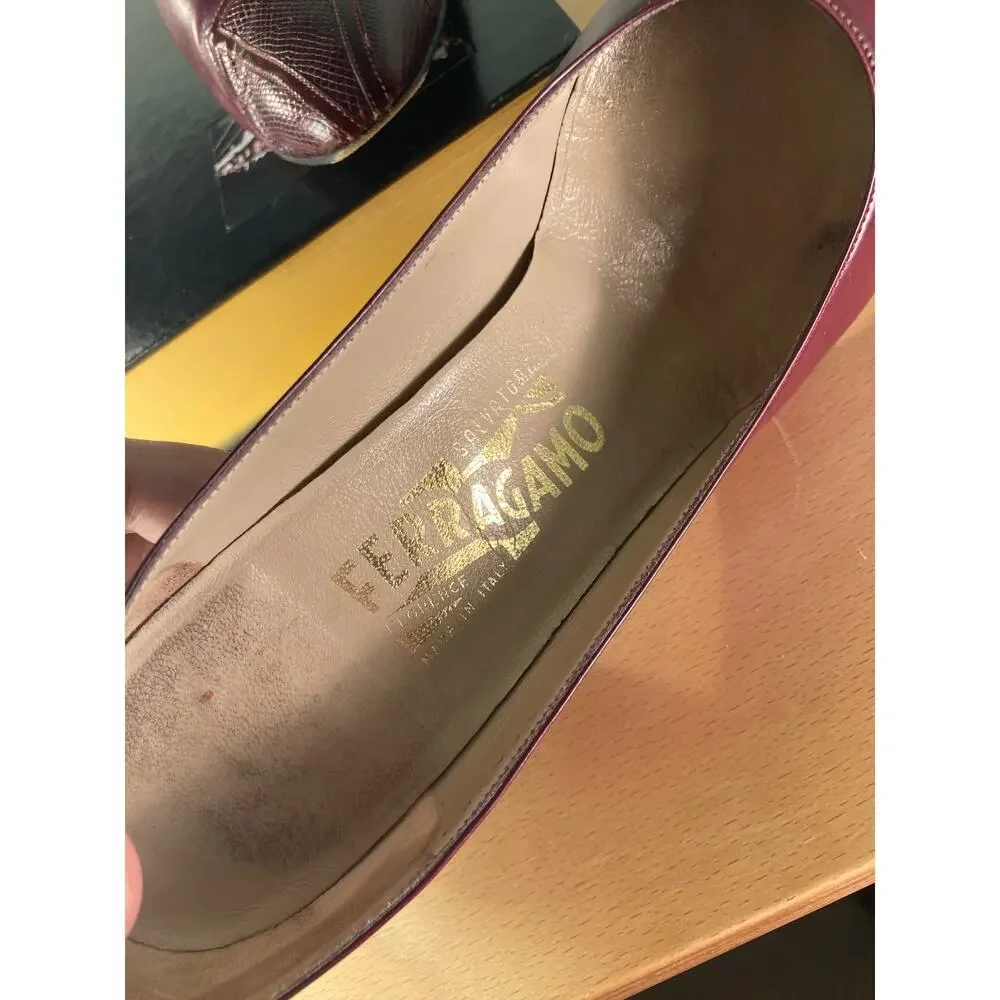 Ferragamo Vintage Snakeskin & Leather Burgundy Pumps Heels Sz 9.5 AAAA Narrow - Picture 9 of 10